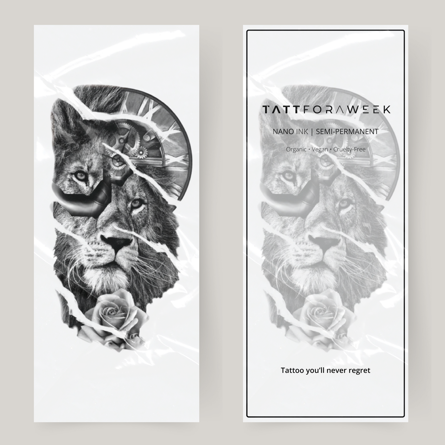 Stort falskt tatuering lejon & klocka