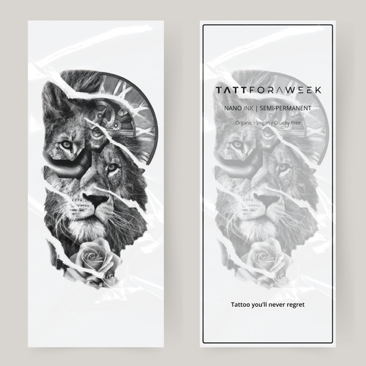 Stort falskt tatuering lejon & klocka